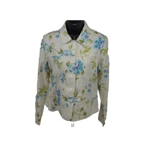 Lemon Grass Studio Jacket M White Floral Tapestry Button Down Long Sleeve Blazer
